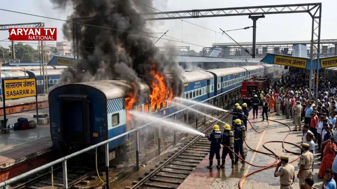 Sasaram Burning Train: रेलवे स्टेशन पर मची अफरा-तफरी,सासाराम स्टेशन पर पटना पैसेंजर ट्रेन की बोगी में लगी भीषण आग,एक बोगी जलकर राख